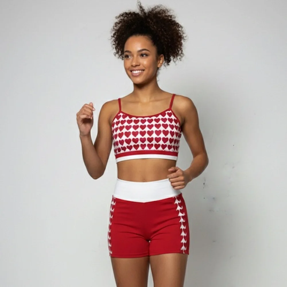 Lumi Valentine red white Crop Top and Shorts 2 piece dance matching set NWT